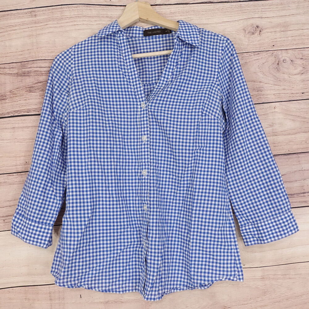 THE LIMITED BLUE GINGHAM CHECK LONG SLEEVE BUTTON UP SHIRT WOMENS SZ‎ XS